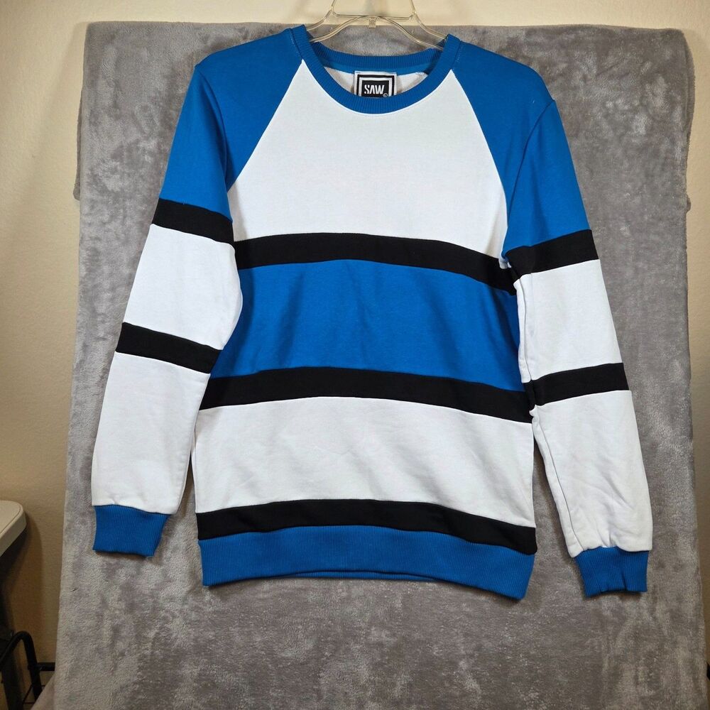 SAW Crewneck Sweatshirt Blue White Black Colorblock Pullover  NWOT Size Large